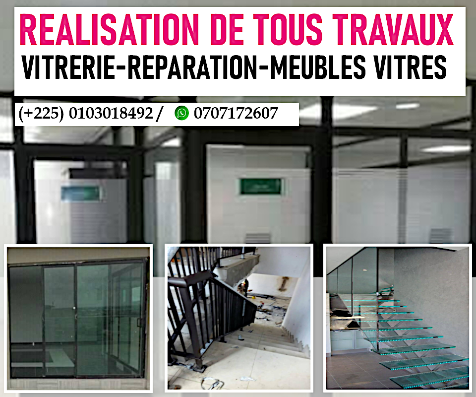 travaux de vitrerie, aluminium, imprimerie professionnelle & meubles vitrés